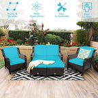 Costway 5-teiliges Terrassenmöbelset aus Rattan, Sofa, Ottomane mit rot/weißem Kissen