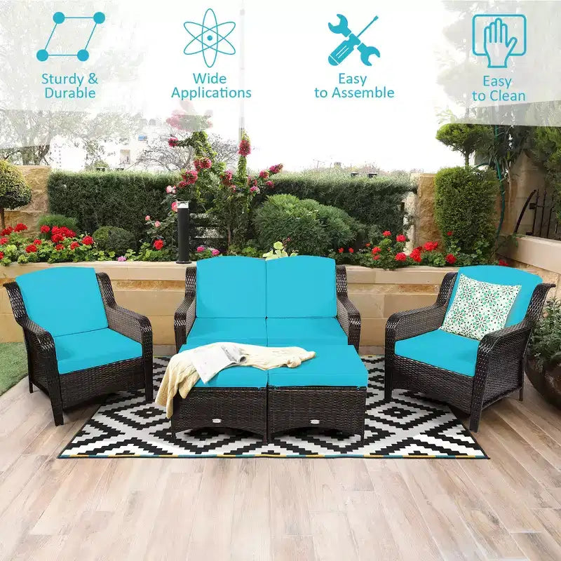 Costway 5-teiliges Terrassenmöbelset aus Rattan, Sofa, Ottomane mit rot/weißem Kissen