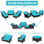 Costway 5-teiliges Terrassenmöbelset aus Rattan, Sofa, Ottomane mit rot/weißem Kissen