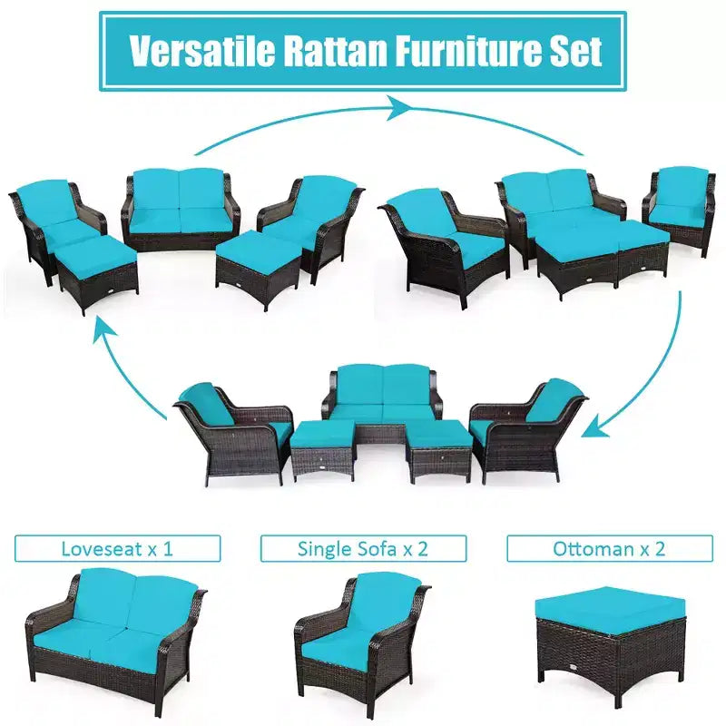 Costway 5-teiliges Terrassenmöbelset aus Rattan, Sofa, Ottomane mit rot/weißem Kissen