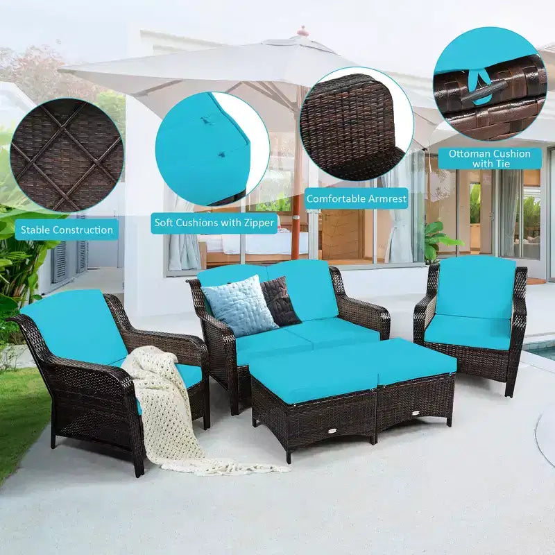 Costway 5-teiliges Terrassenmöbelset aus Rattan, Sofa, Ottomane mit rot/weißem Kissen
