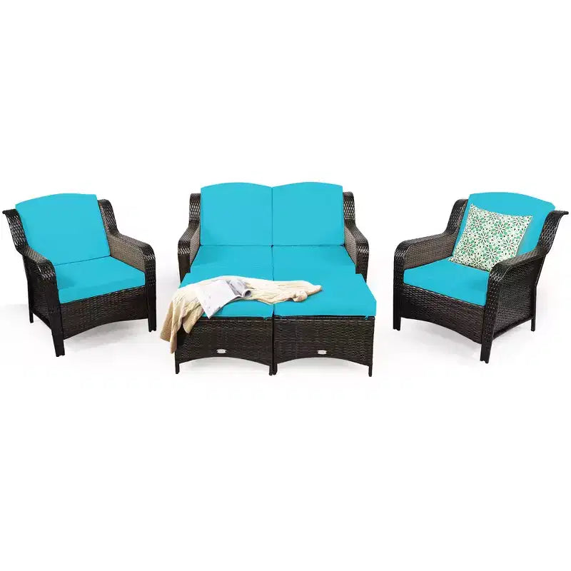 Costway 5-teiliges Terrassenmöbelset aus Rattan, Sofa, Ottomane mit rot/weißem Kissen