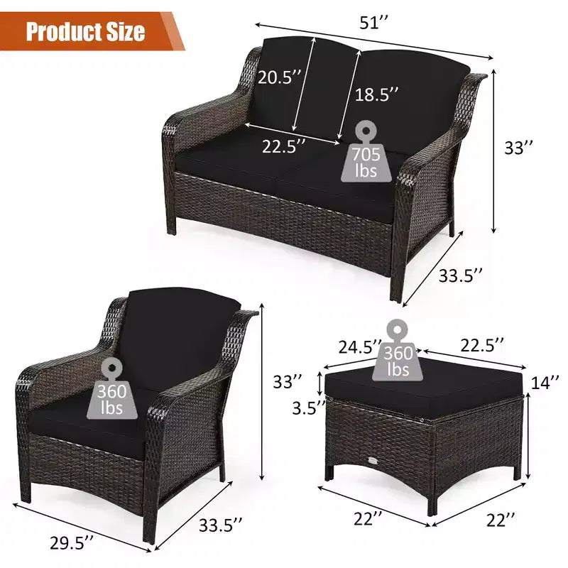 Costway 5-teiliges Terrassenmöbelset aus Rattan, Sofa, Ottomane mit rot/weißem Kissen