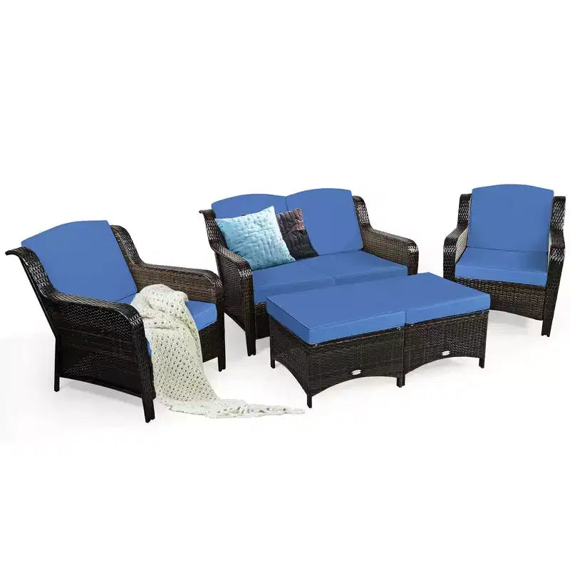 Costway 5-teiliges Terrassenmöbelset aus Rattan, Sofa, Ottomane mit rot/weißem Kissen
