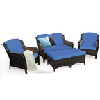 Costway 5-teiliges Terrassenmöbelset aus Rattan, Sofa, Ottomane mit rot/weißem Kissen