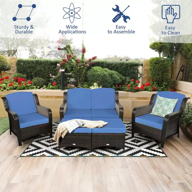 Costway 5-teiliges Terrassenmöbelset aus Rattan, Sofa, Ottomane mit rot/weißem Kissen