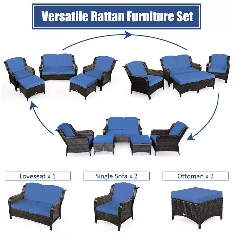 Costway 5-teiliges Terrassenmöbelset aus Rattan, Sofa, Ottomane mit rot/weißem Kissen