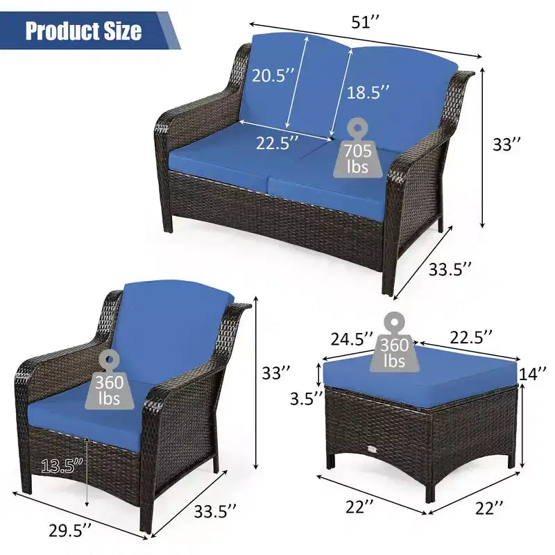 Costway 5-teiliges Terrassenmöbelset aus Rattan, Sofa, Ottomane mit rot/weißem Kissen