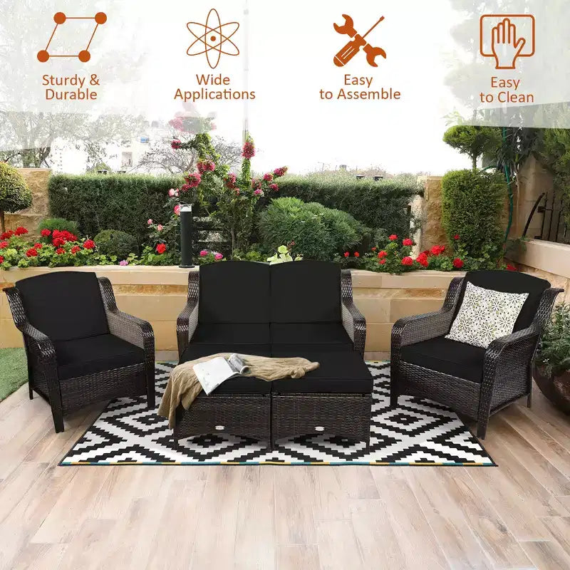 Costway 5-teiliges Terrassenmöbelset aus Rattan, Sofa, Ottomane mit rot/weißem Kissen