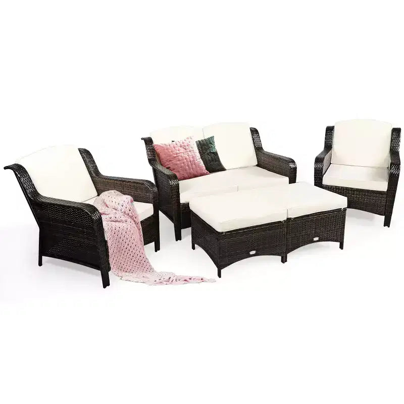 Costway 5-teiliges Terrassenmöbelset aus Rattan, Sofa, Ottomane mit rot/weißem Kissen