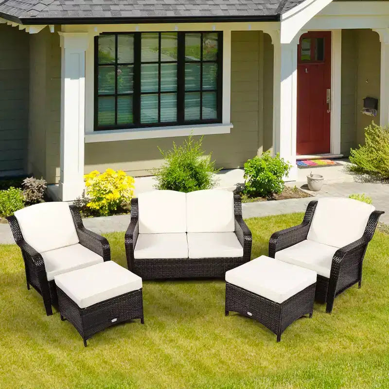 Costway 5-teiliges Terrassenmöbelset aus Rattan, Sofa, Ottomane mit rot/weißem Kissen