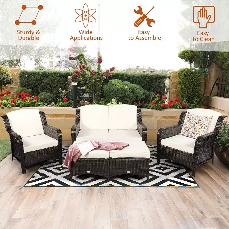 Costway 5-teiliges Terrassenmöbelset aus Rattan, Sofa, Ottomane mit rot/weißem Kissen