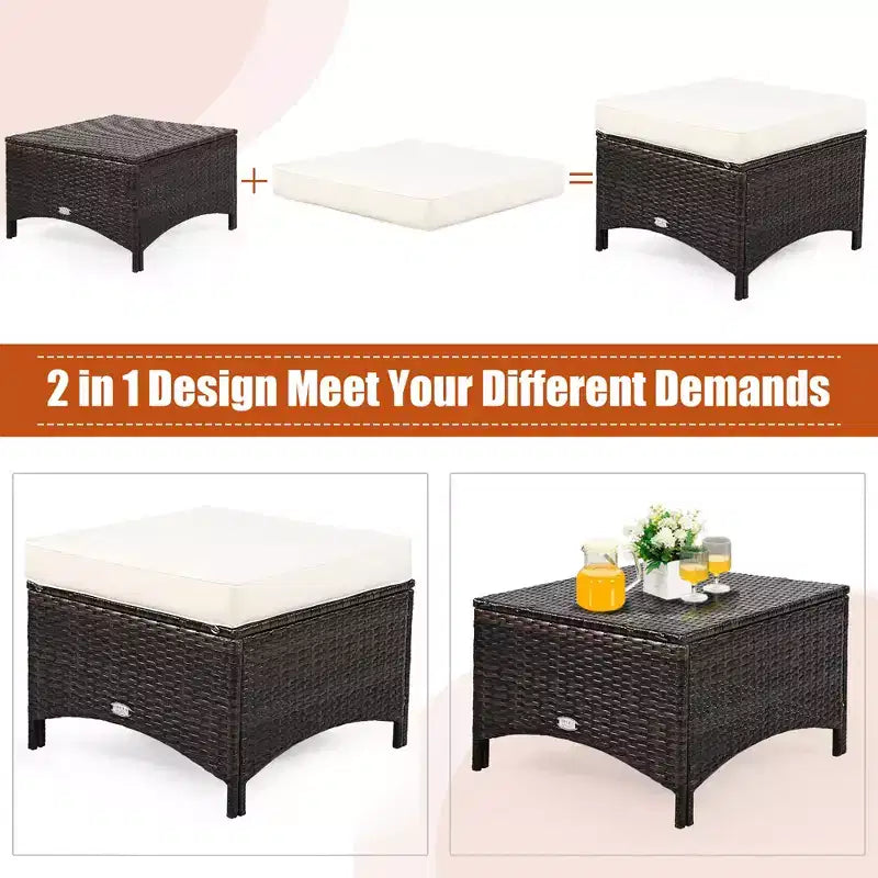 Costway 5-teiliges Terrassenmöbelset aus Rattan, Sofa, Ottomane mit rot/weißem Kissen