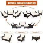 Costway 5-teiliges Terrassenmöbelset aus Rattan, Sofa, Ottomane mit rot/weißem Kissen
