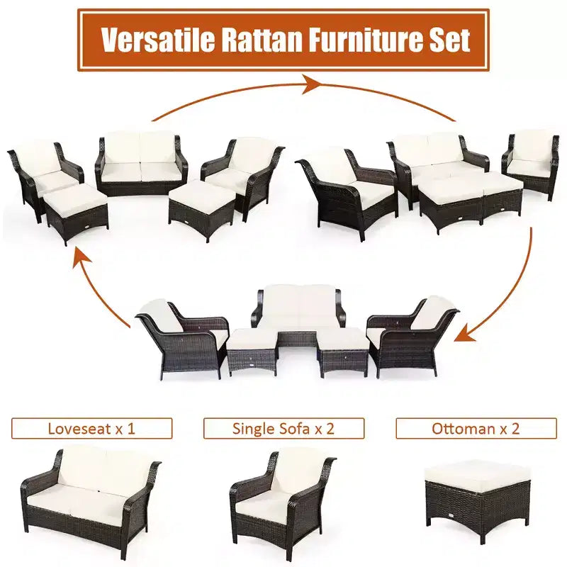 Costway 5-teiliges Terrassenmöbelset aus Rattan, Sofa, Ottomane mit rot/weißem Kissen