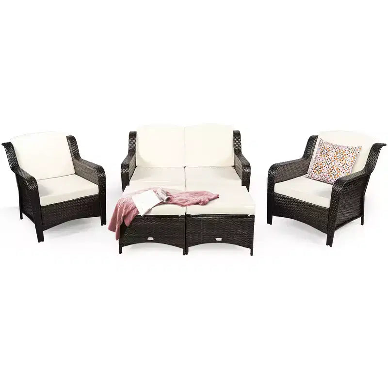 Costway 5-teiliges Terrassenmöbelset aus Rattan, Sofa, Ottomane mit rot/weißem Kissen