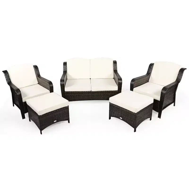 Costway 5-teiliges Terrassenmöbelset aus Rattan, Sofa, Ottomane mit rot/weißem Kissen