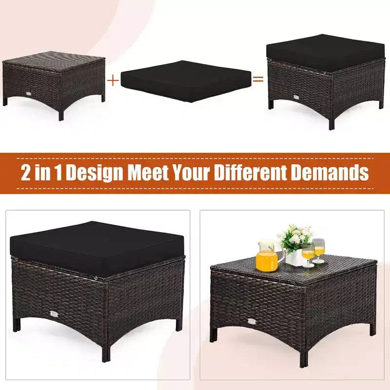 Costway 5-teiliges Terrassenmöbelset aus Rattan, Sofa, Ottomane mit rot/weißem Kissen