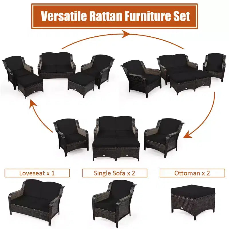 Costway 5-teiliges Terrassenmöbelset aus Rattan, Sofa, Ottomane mit rot/weißem Kissen