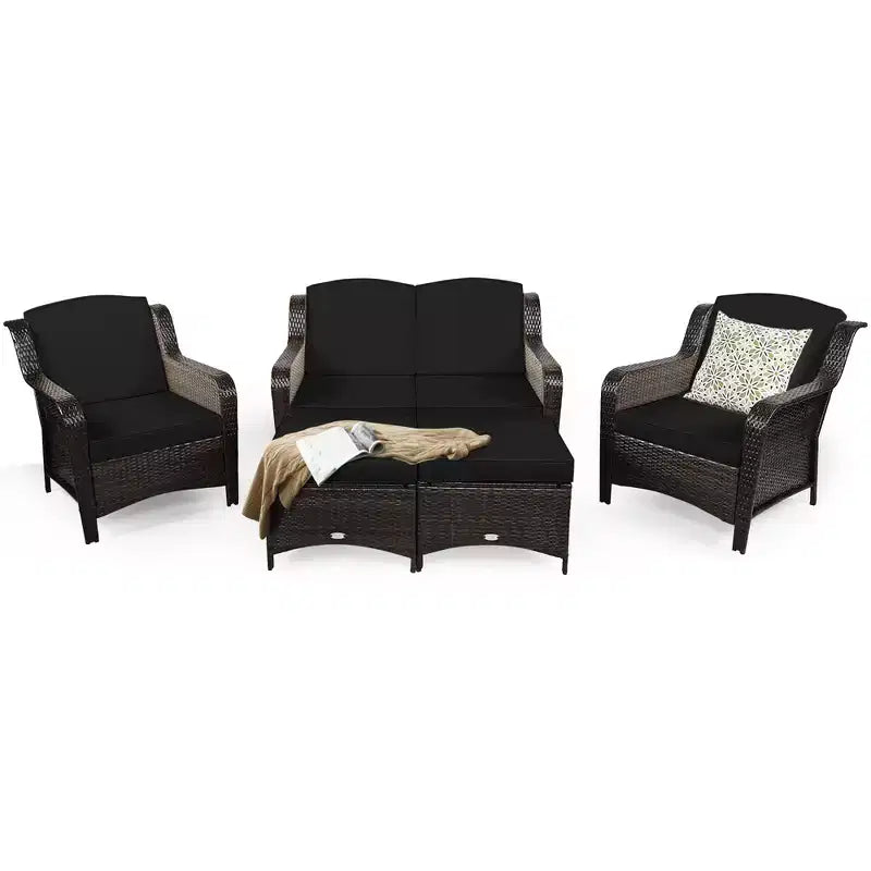 Costway 5-teiliges Terrassenmöbelset aus Rattan, Sofa, Ottomane mit rot/weißem Kissen