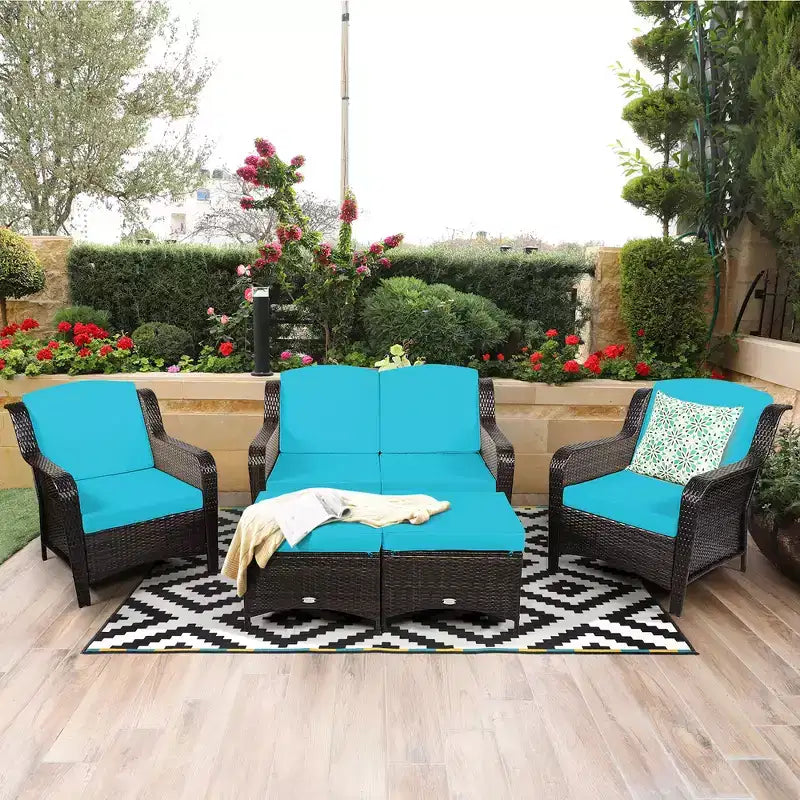 Costway 5-teiliges Terrassenmöbelset aus Rattan, Sofa, Ottomane mit rot/weißem Kissen