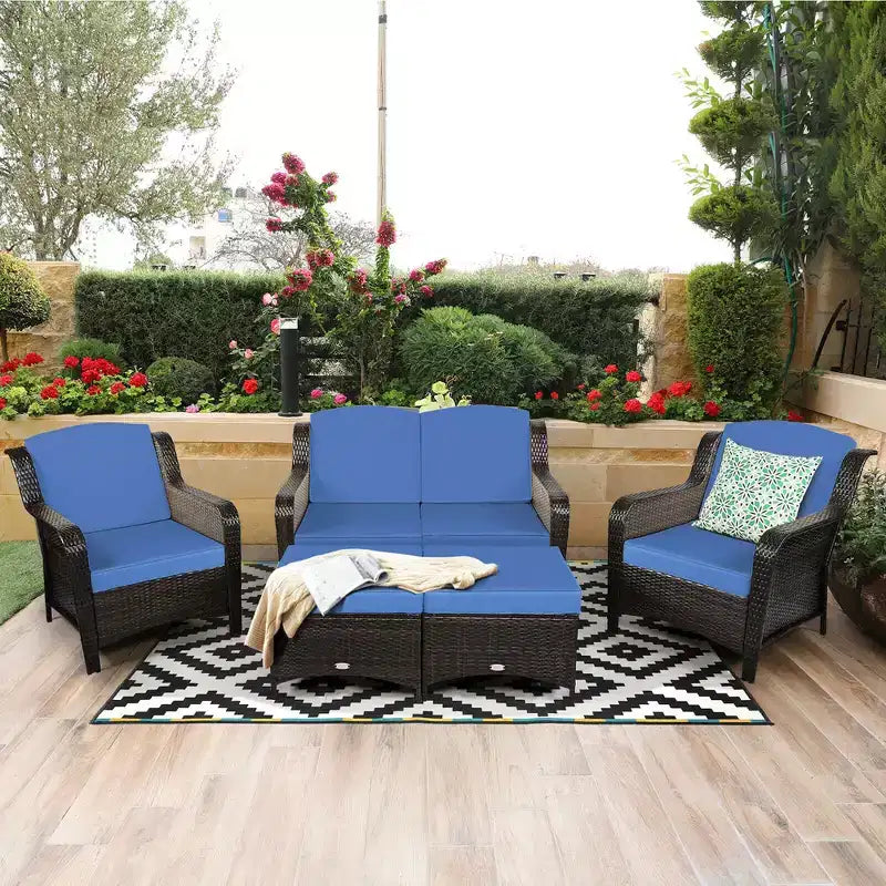 Costway 5-teiliges Terrassenmöbelset aus Rattan, Sofa, Ottomane mit rot/weißem Kissen