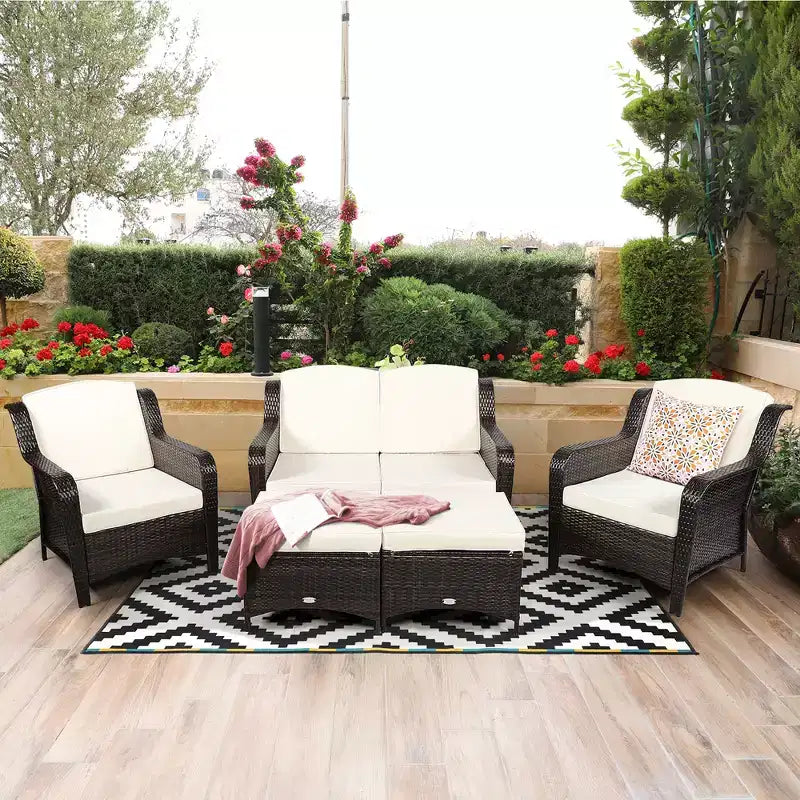 Costway 5-teiliges Terrassenmöbelset aus Rattan, Sofa, Ottomane mit rot/weißem Kissen
