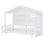 Hausbett in Twin-Größe mit Ablageregalen und Rausfallschutz, Montessori-Bettrahmen aus Holz für Kinder mit Fenster und glitzerndem Lichtband