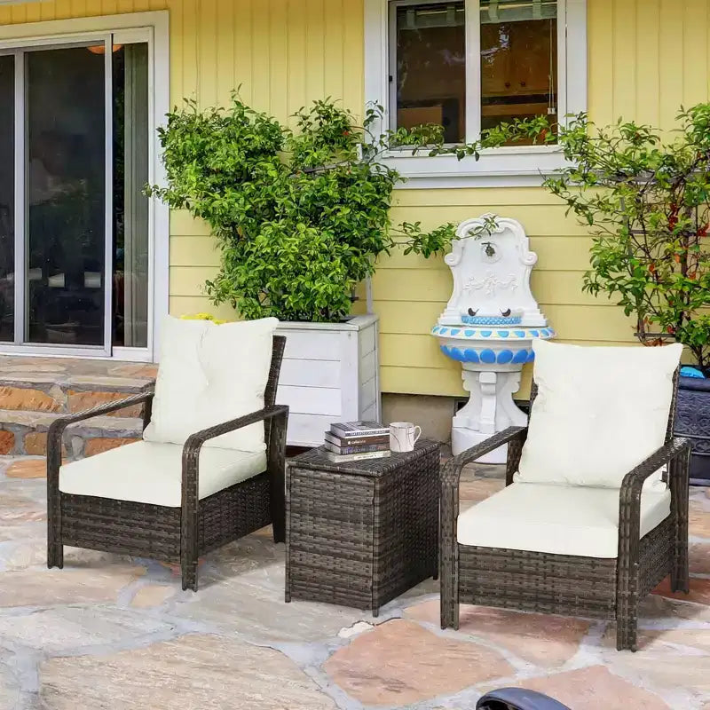 Outsunny 3-teiliges Terrassenmöbelset, PE-Rattan-Geflecht-Aufbewahrungstisch und Stühle mit getufteten Kissen