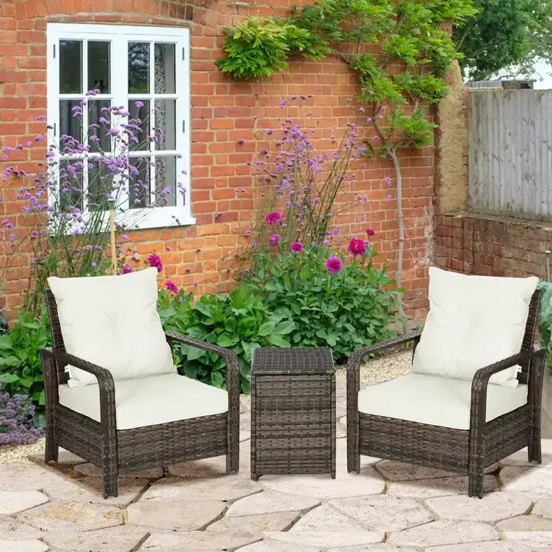 Outsunny 3-teiliges Terrassenmöbelset, PE-Rattan-Geflecht-Aufbewahrungstisch und Stühle mit getufteten Kissen