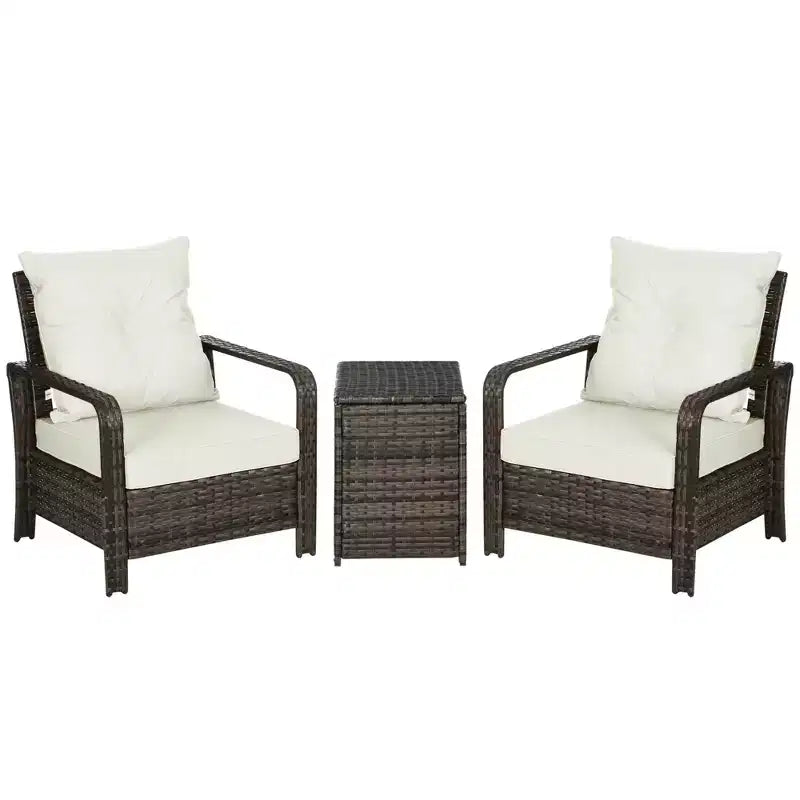 Outsunny 3 Piece Patio Furniture Set, PE Rattan Wicker Storage Table and Chairs w/ Tufted Cushions