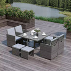 Outsunny 9-teiliges Rattan-Essgruppen-Set, platzsparendes Outdoor-Sofa-Set, mit Esstisch, Ottoman