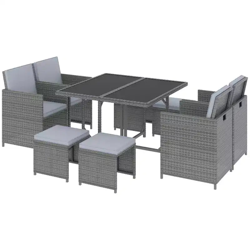 Outsunny 9-teiliges Rattan-Essgruppen-Set, platzsparendes Outdoor-Sofa-Set, mit Esstisch, Ottoman