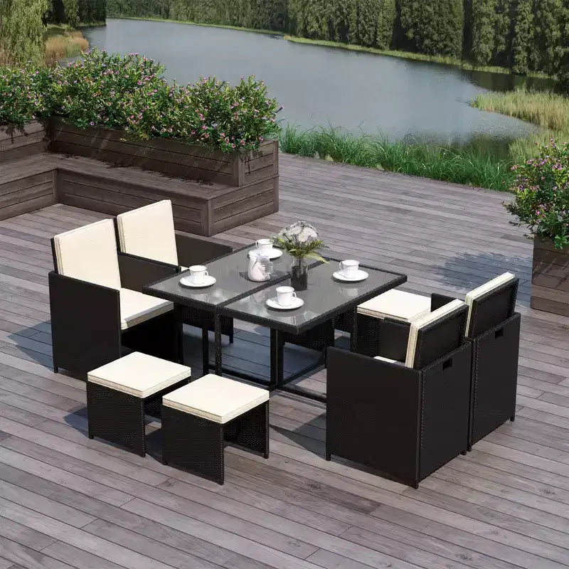 Outsunny 9-teiliges Rattan-Essgruppen-Set, platzsparendes Outdoor-Sofa-Set, mit Esstisch, Ottoman