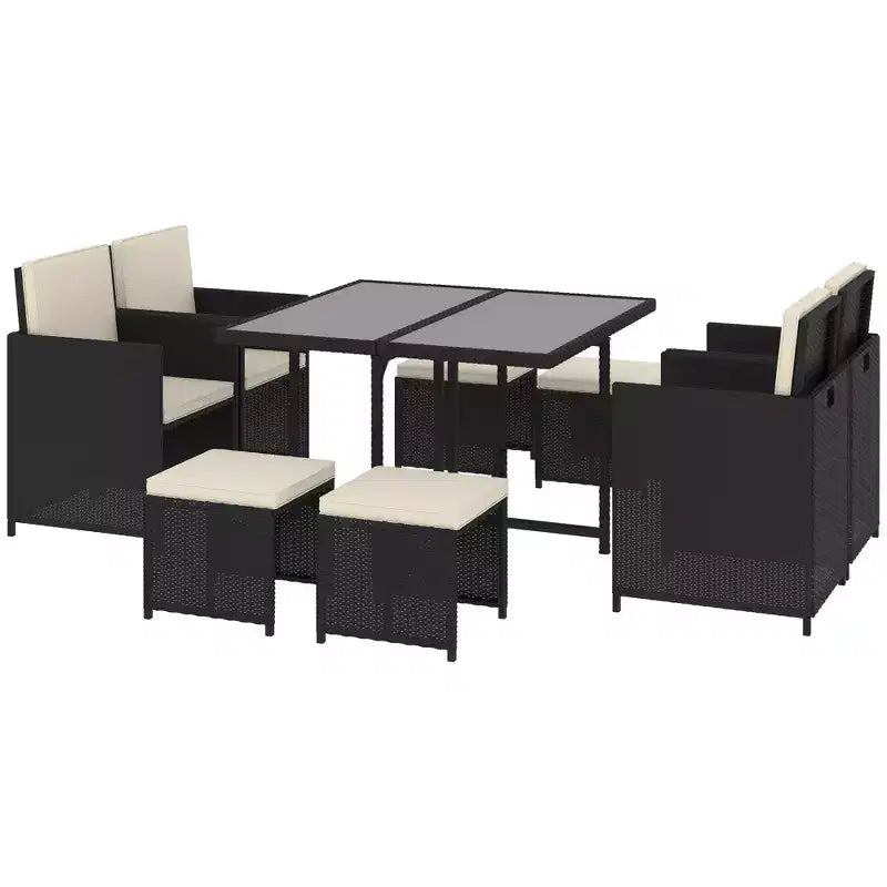 Outsunny 9-teiliges Rattan-Essgruppen-Set, platzsparendes Outdoor-Sofa-Set, mit Esstisch, Ottoman