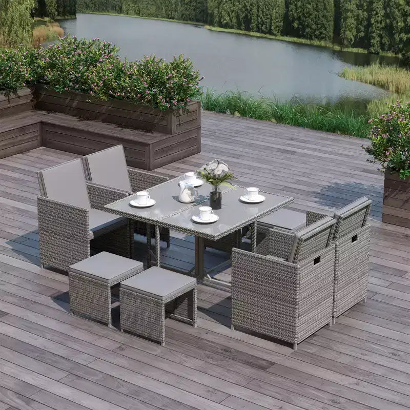 Outsunny 9-teiliges Rattan-Essgruppen-Set, platzsparendes Outdoor-Sofa-Set, mit Esstisch, Ottoman