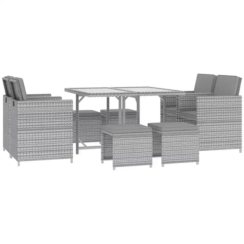 Outsunny 9-teiliges Rattan-Essgruppen-Set, platzsparendes Outdoor-Sofa-Set, mit Esstisch, Ottoman