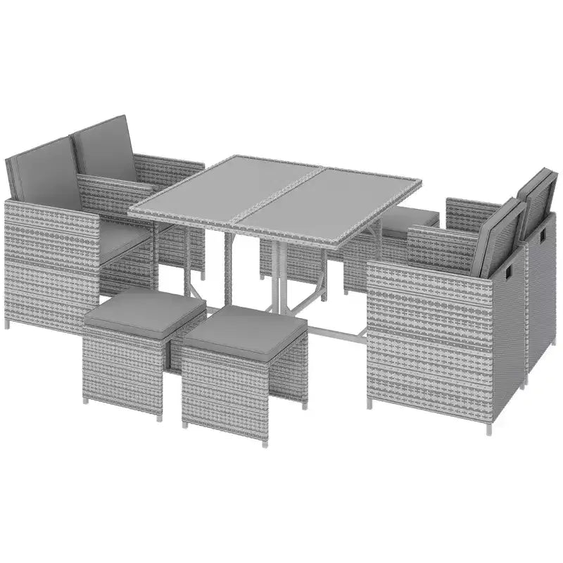 Outsunny 9 Piece Patio Wicker Dining Sets, Space Saving Outdoor Sectional Conversation Set, with Dining Table, Ottoman