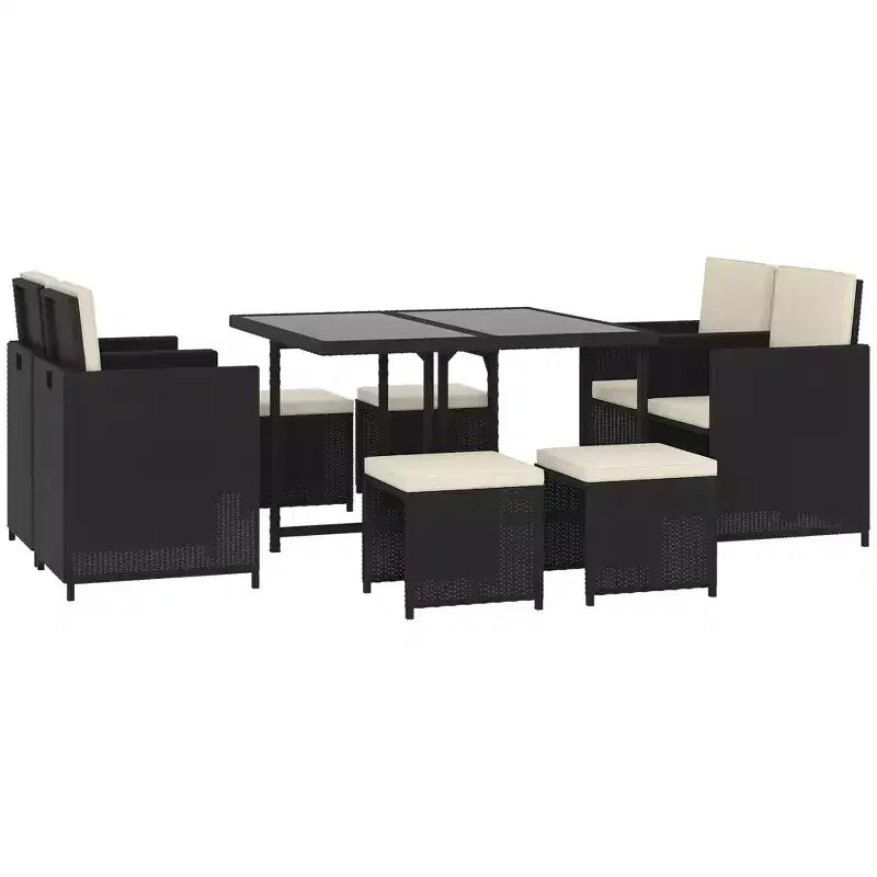 Outsunny 9-teiliges Rattan-Essgruppen-Set, platzsparendes Outdoor-Sofa-Set, mit Esstisch, Ottoman
