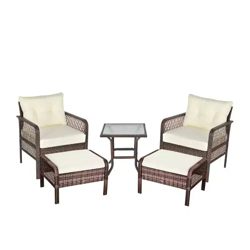 Outsunny 5-Piece Wicker Patio Armchair Set with Ottoman, Outdoor PE Rattan Furniture Set with Comfortable Zippered Cushions & Weather-Fighting Build
