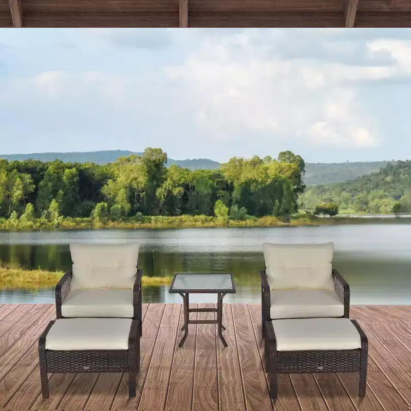 Outsunny 5-teiliges Outdoor-Sitzgruppen-Set mit Rattansessel und Fußhocker, Outdoor-Rattanmöbel-Set mit bequemen Reißverschlusskissen & wetterfester Konstruktion
