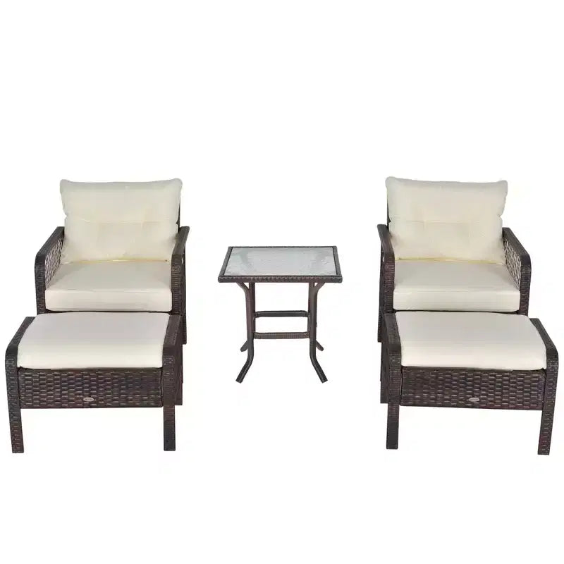 Outsunny 5-teiliges Outdoor-Sitzgruppen-Set mit Rattansessel und Fußhocker, Outdoor-Rattanmöbel-Set mit bequemen Reißverschlusskissen & wetterfester Konstruktion