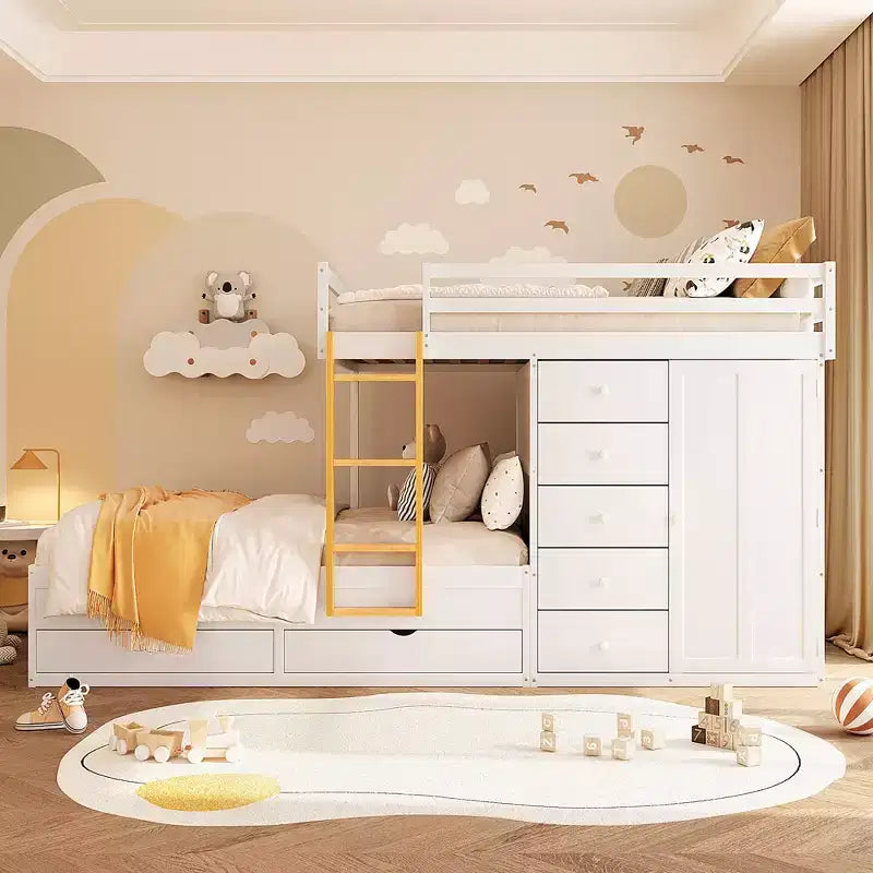 Etagenbett „Full-over-Full“ mit Kleiderschrank und Schubladen, platzsparendes Etagenbett aus Holz in voller Größe mit Rausfallschutz für Apartment, Schlafzimmer