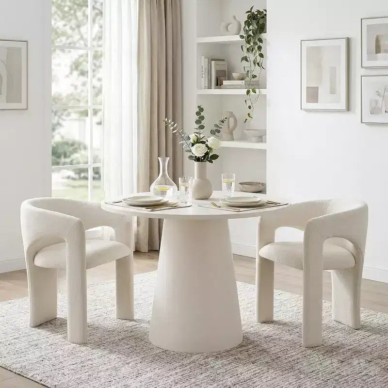 Kleines Essgruppe für 2 Personen, beige gepolsterte Stühle, runder Esstisch mit Säulenfuß, kompakte moderne Küchenmöbel-Panipeachy