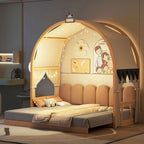 Massivholz-Spielhaus-Plattformbett, Montessori-Bettrahmen mit gewölbtem Dach und Ausziehbett für Mädchen und Jungen