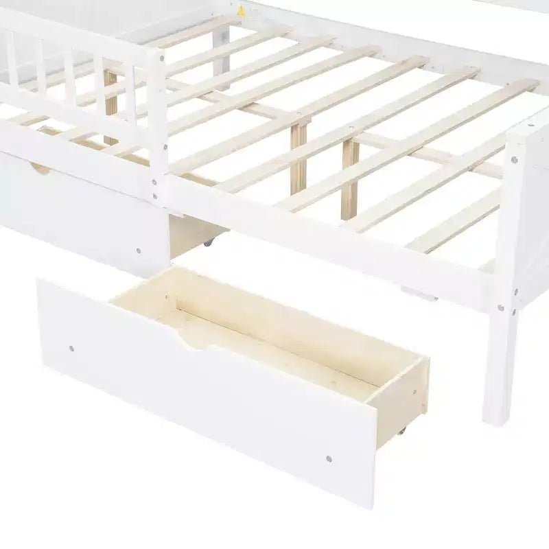 Hausbettgestell in voller Größe mit Schubladen, Haus-Plattformbett mit LED-Beleuchtung, Ablagefächern und Schubladen, Tagesbett aus Holz mit Dach und Geländer