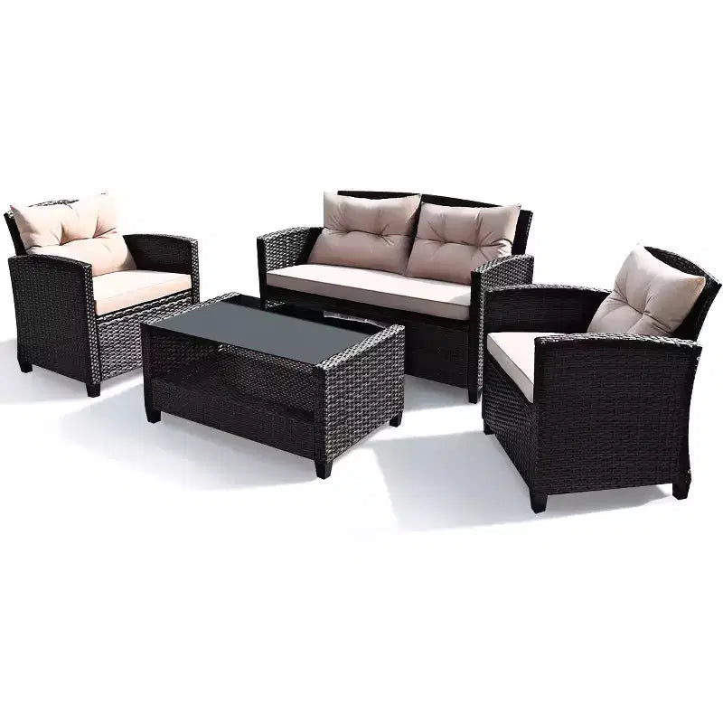 Costway 4-teiliges Outdoor-Rattan-Garnitur gepolstertes Sofa Armlehnentisch