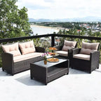 Costway 4-teiliges Outdoor-Rattan-Garnitur gepolstertes Sofa Armlehnentisch