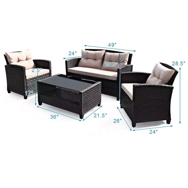 Costway 4-teiliges Outdoor-Rattan-Garnitur gepolstertes Sofa Armlehnentisch