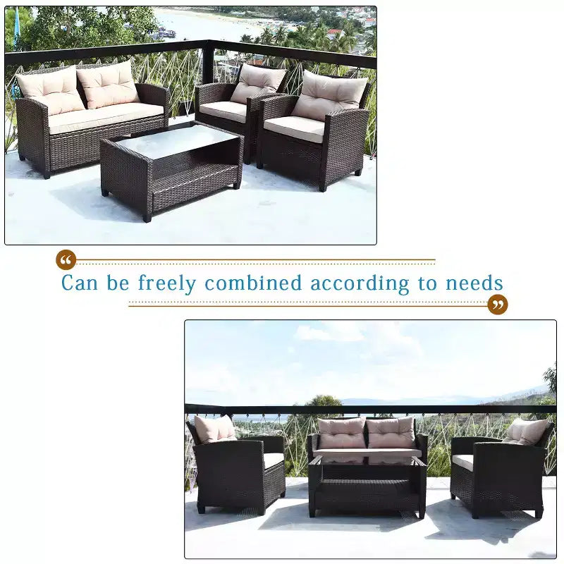 Costway 4-teiliges Outdoor-Rattan-Garnitur gepolstertes Sofa Armlehnentisch